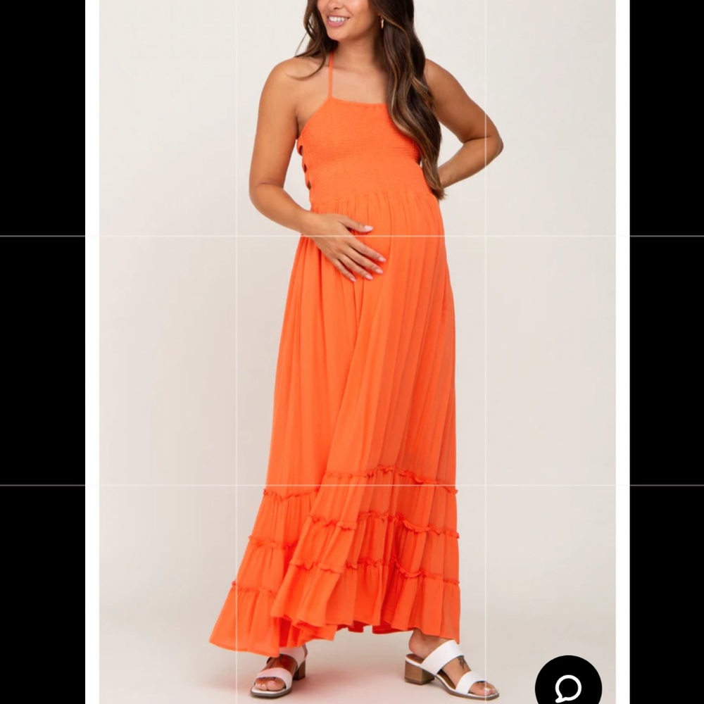 Orange smocked caged back maternity dress